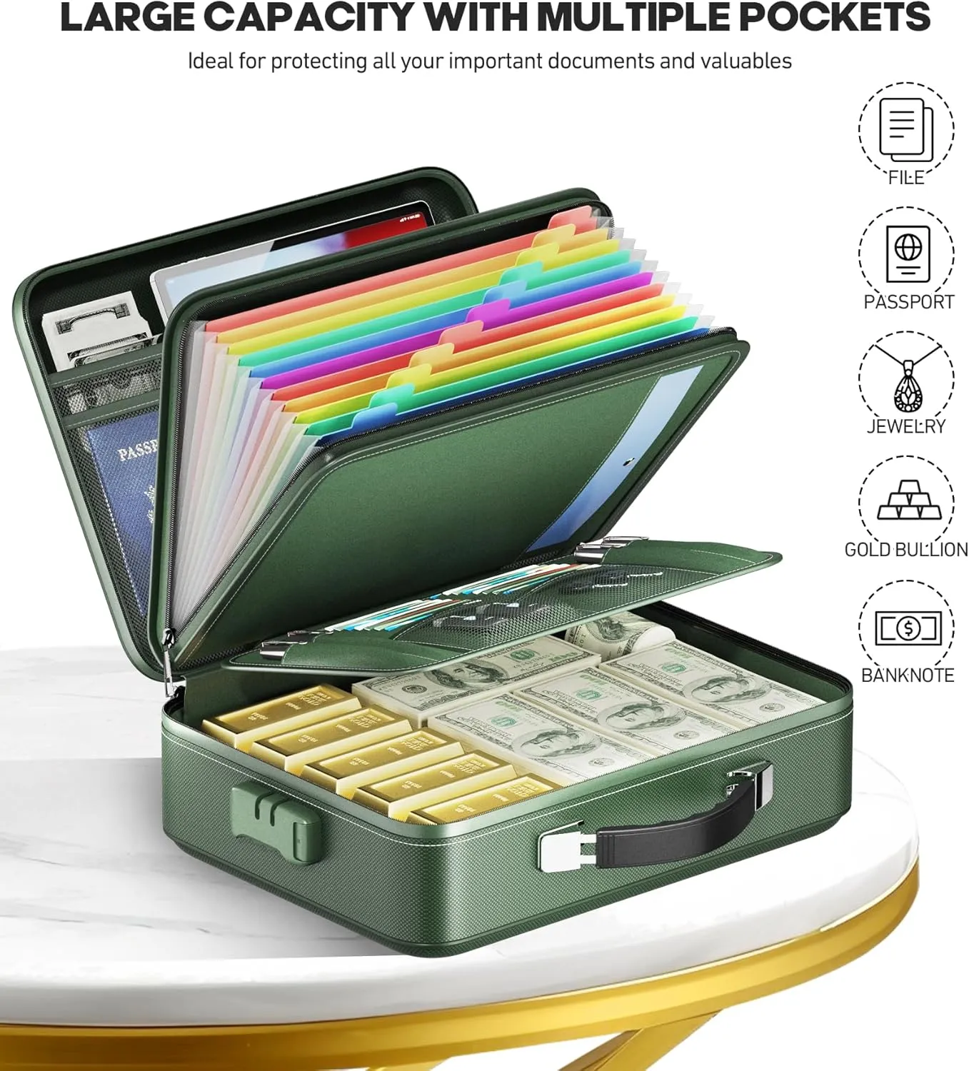 Fireproof Document Box, Hard Case Highly Flame-Resistant Fire Proof Waterproof File Organizer with Lock, Portable Fire Safe for Important Documents & Valuables Storage (Green, ‎15"*11"*5")