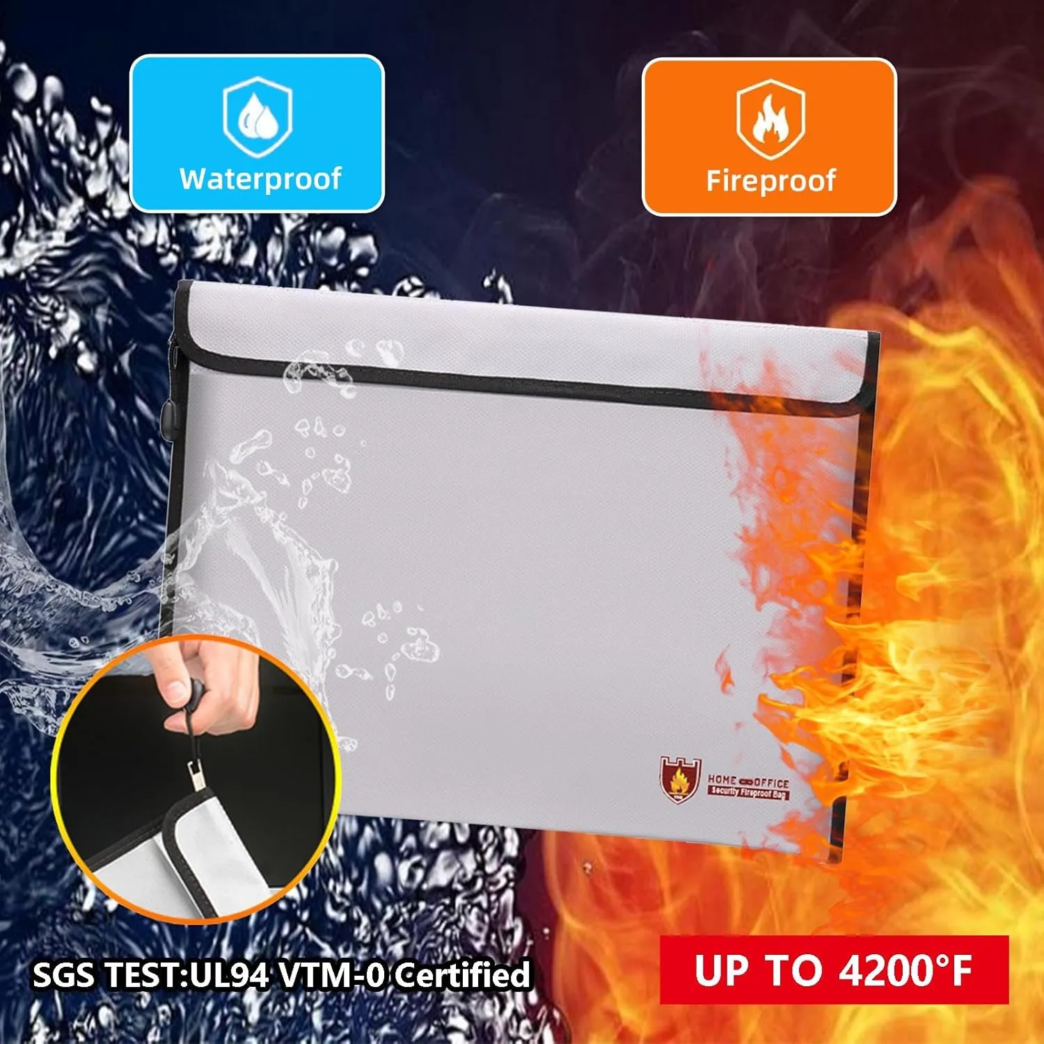 Fireproof Waterproof Zipper Bag for Cash & Valuables - Secure Document Holder with Silver Horizontal Design, Durable Money Pouch for Emergency Storage & Safe Accessories