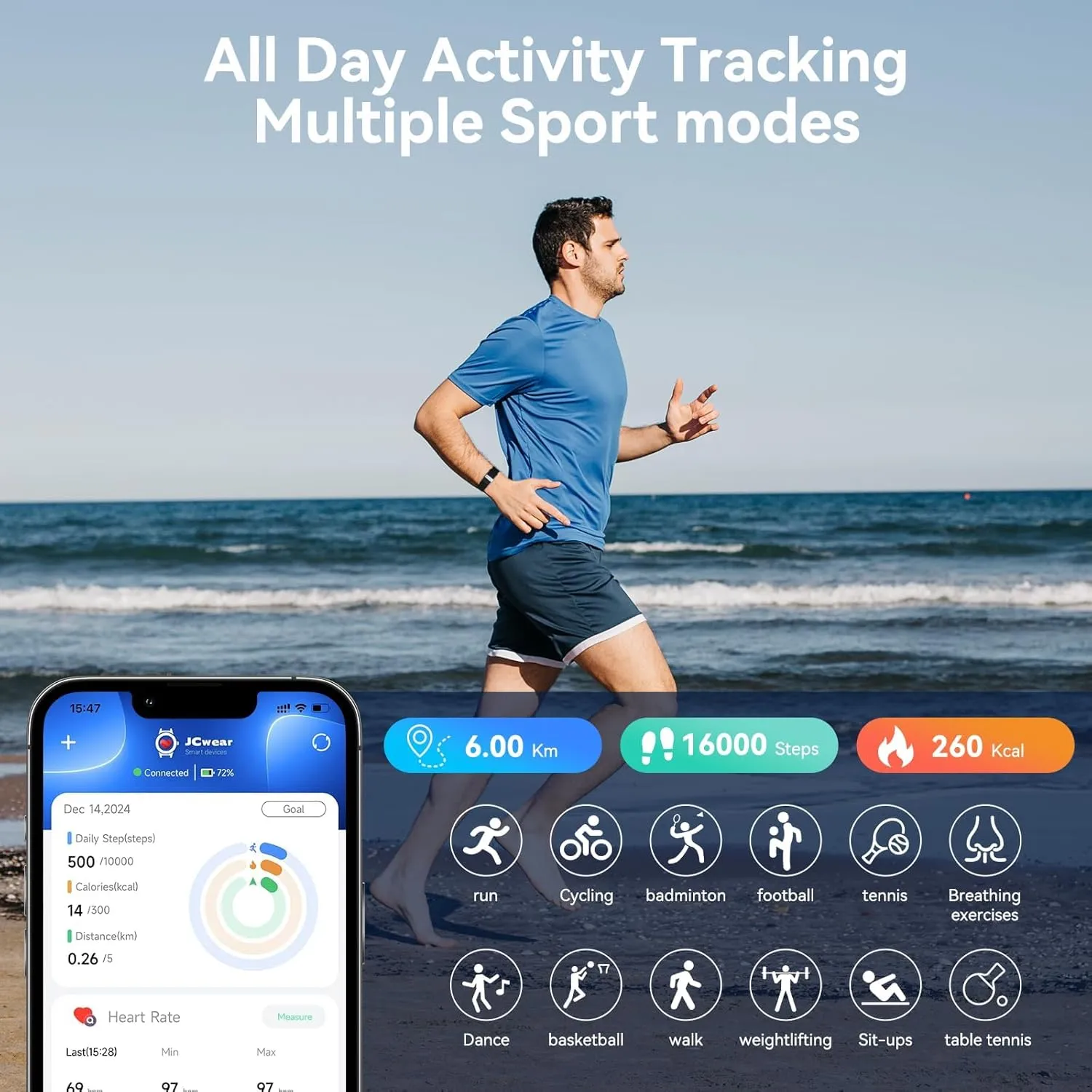 Fitness Tracker Screenless Smart Health Wristband, Wearable Health Multiple Sports Mode, Automatic Monitoring with Pedometer/Sleep/Stress/Calories, IP68 Waterproof Free APP for Women Men Black