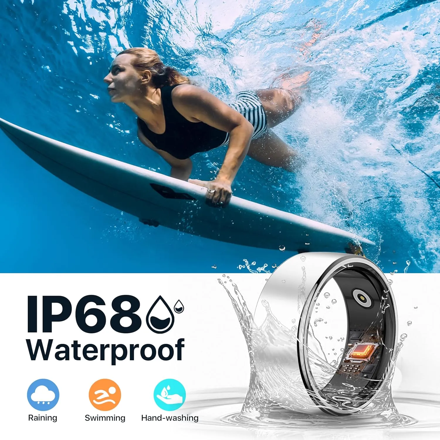 Fitness Tracker, Smart Rings Health Heart Rate Ring with Blood Oxygen, Blood Pressure, Sleep Tracker, Step Tracker, No Subscription Fee, Gesture Control, IP68 Waterproof Health Fitness Ring