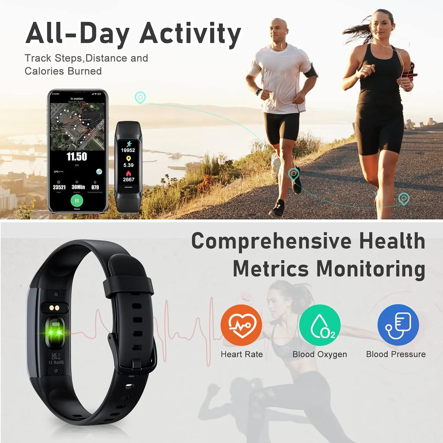 Fitness Tracker with Step Counter/Calories/Stopwatch, Activity Tracker, Health Tracker with Heart Rate Monitor, Sleep Tracker,1.10''AMOLED Touch Color Screen, Pedometer Watch for Women Men
