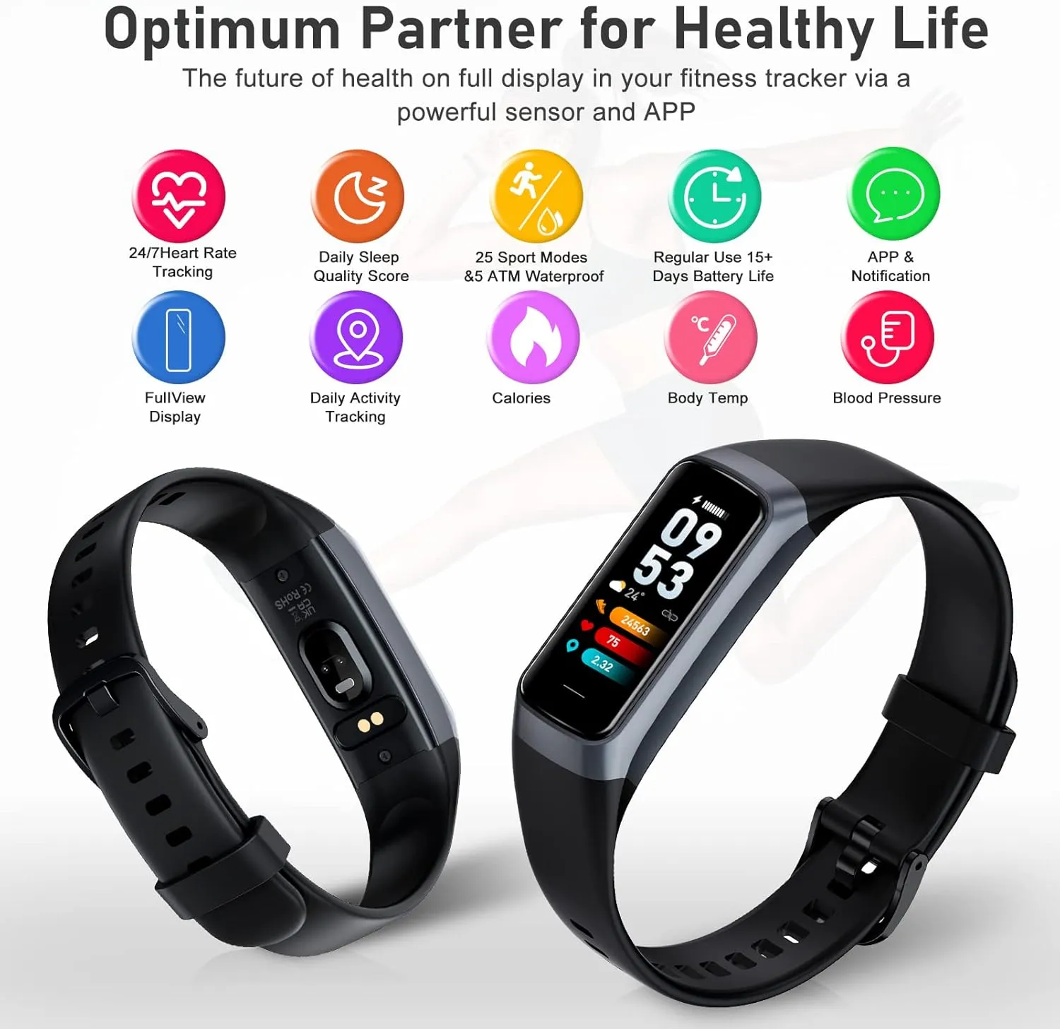 Fitness Tracker with Step Counter/Calories/Stopwatch, Activity Tracker, Health Tracker with Heart Rate Monitor, Sleep Tracker,1.10''AMOLED Touch Color Screen, Pedometer Watch for Women Men