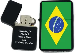 Flags of The World Nations UV Printed Windproof Oil Lighter - Personalized Custom Engraving on The Back A - C (Brazil) - Christmas, Halloween & Valentines Day Gift