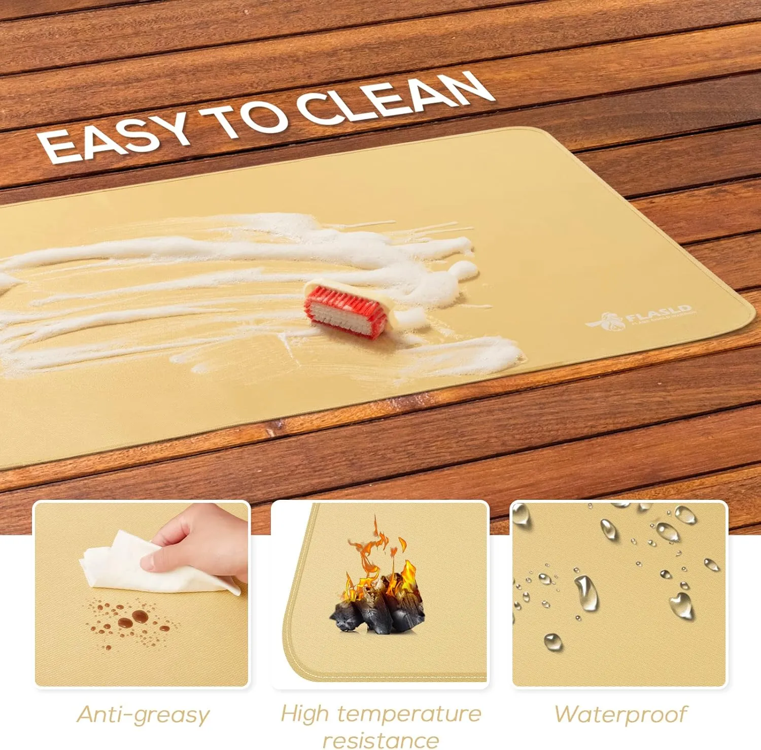 FLASLD Fire Resistant Rugs for Fireplace, Grill and Stove, 24 X 42 inches Under The Grill Protective Deck and Patio Mat, Easy to Clean and Reusable Fire Pit Mat, Khaki