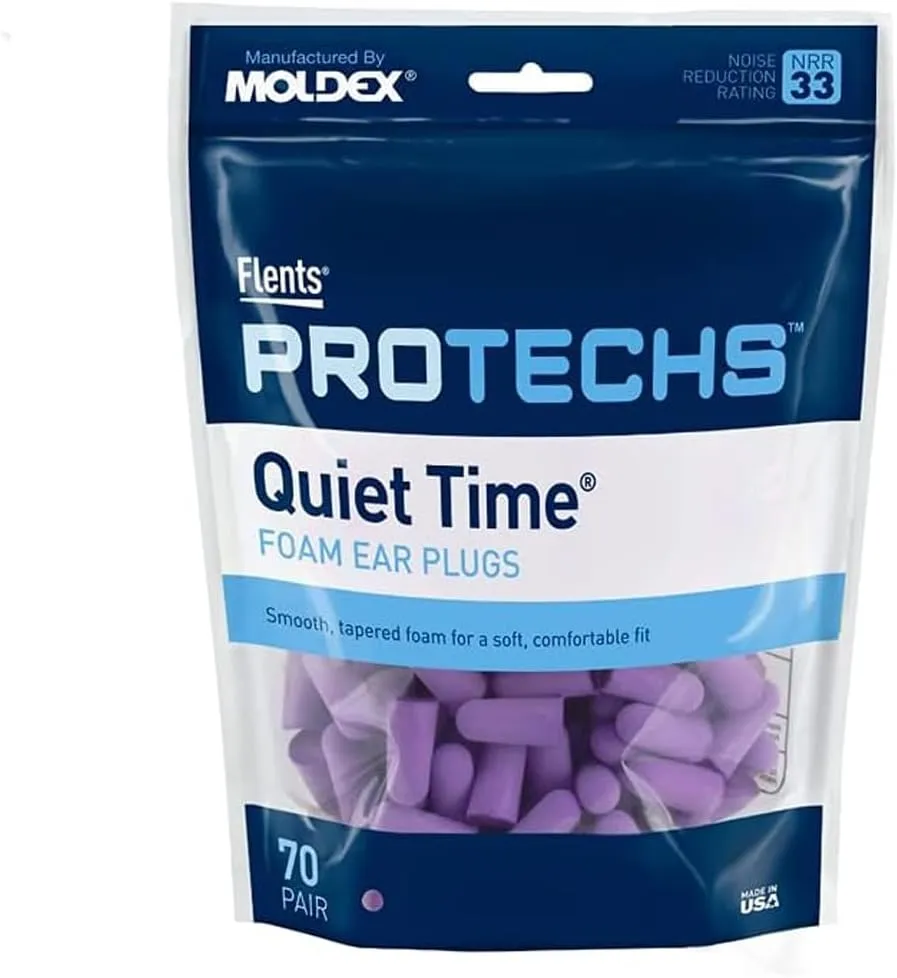 Flents Foam Ear Plugs, 70 Pair for Sleeping, Snoring, Loud Noise, Traveling, Concerts, Construction, & Studying, NRR 33, Purple, Made in the USA