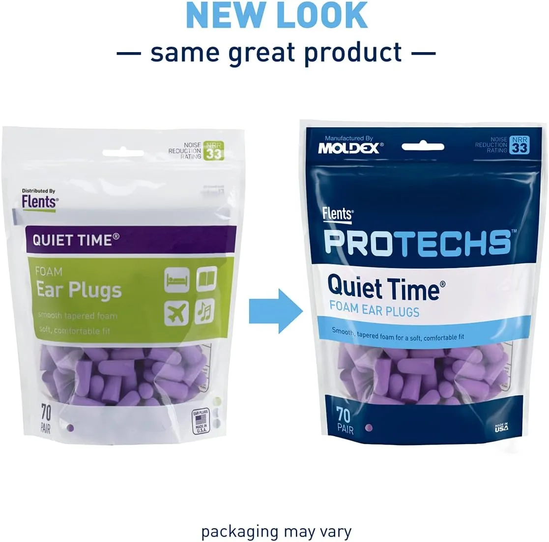 Flents Foam Ear Plugs, 70 Pair for Sleeping, Snoring, Loud Noise, Traveling, Concerts, Construction, & Studying, NRR 33, Purple, Made in the USA