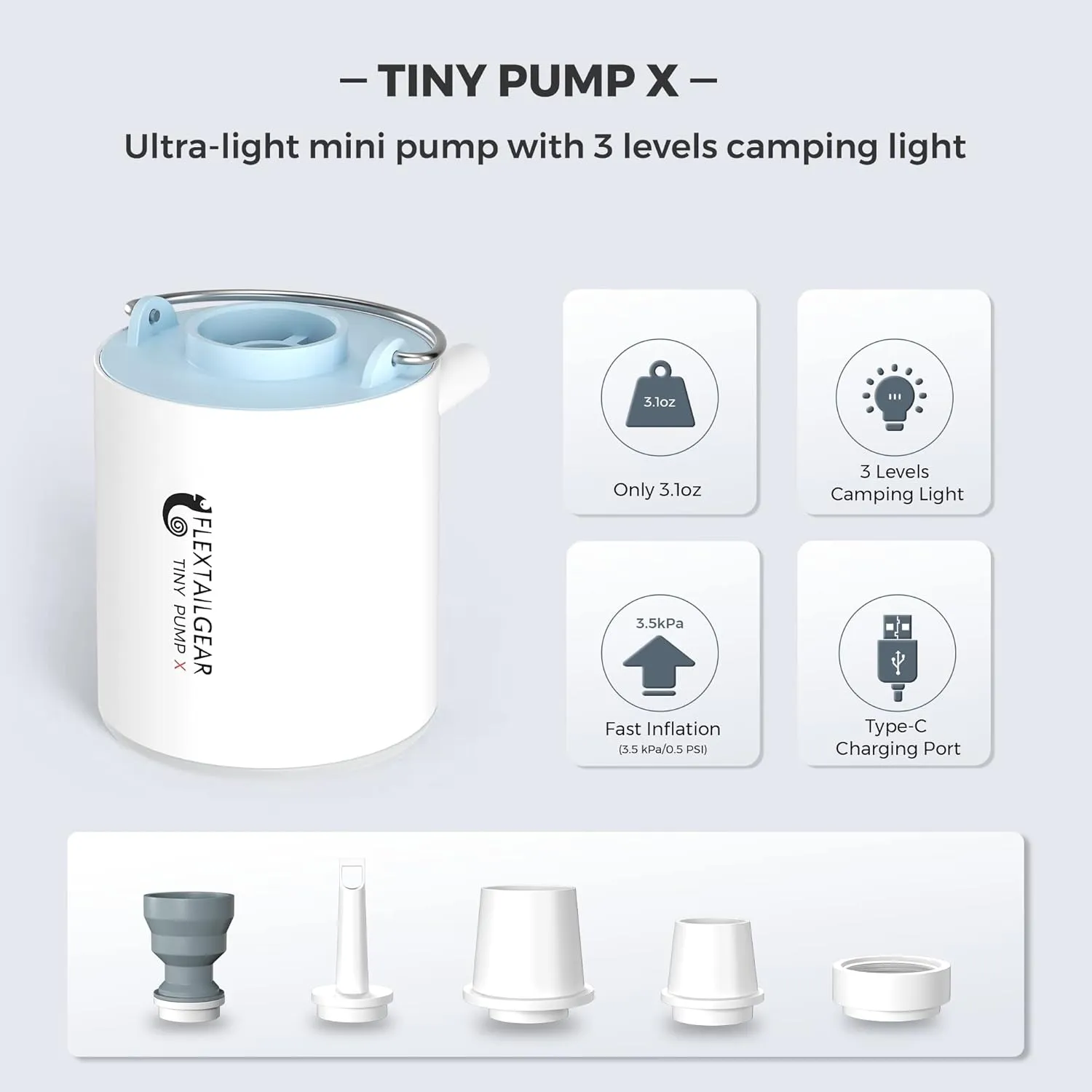 FLEXTAILGEAR Tiny Pump X Portable Air Pump  Camping Light Ultra-Mini Air Pump with 1300mAh Battery USB Rechargeable for Sleeping Pads Pool Floats Air Bed Air Mattress Swimming Ring