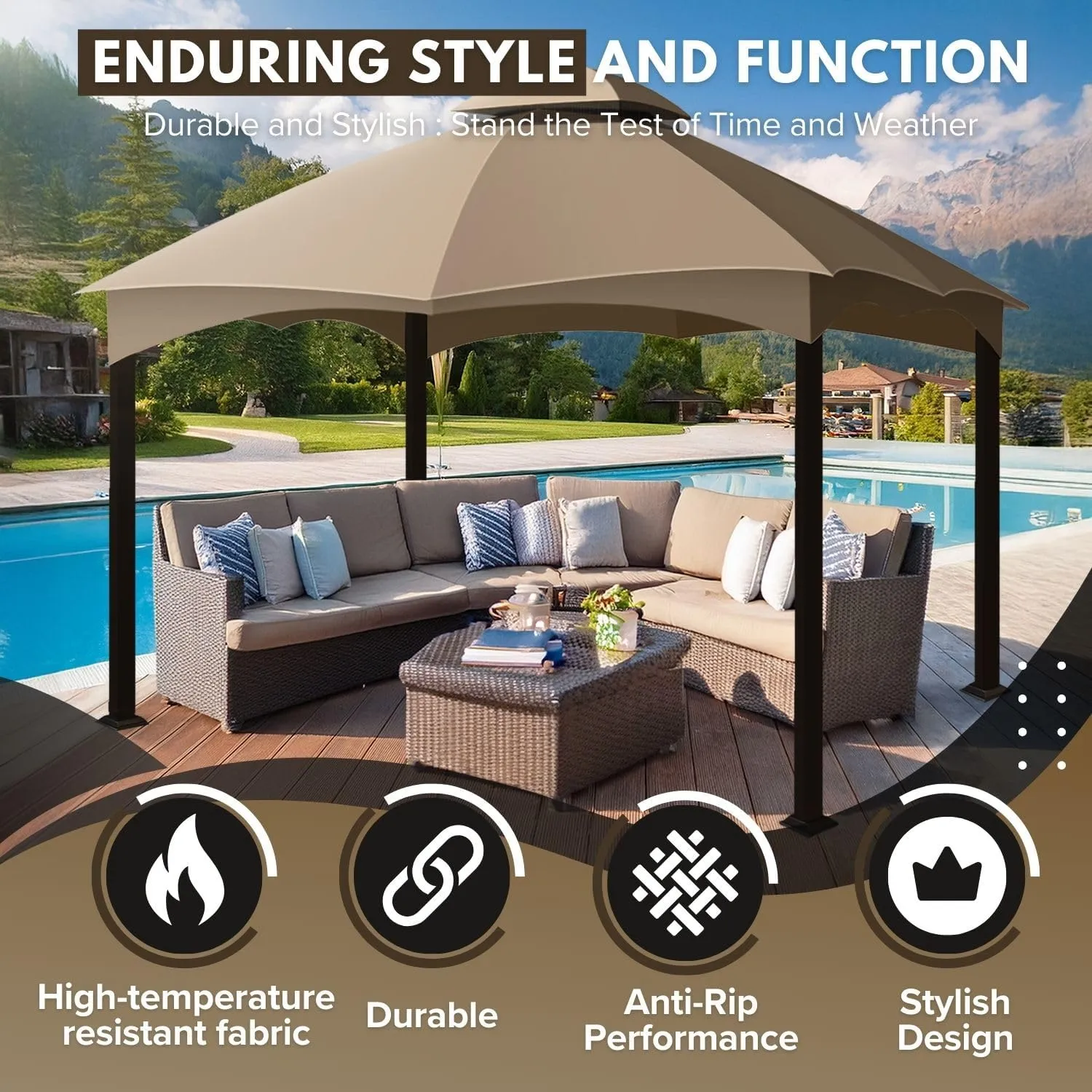 Flexzion 10x12 Gazebo Canopy Replacement Top (Beige) - Fits for Lowe's Allen Roth Gazebo GF-12S004B & TPGAZ17-002 - Easy to Install Cover to Revamp Your Home Gazebo and Outdoor Space