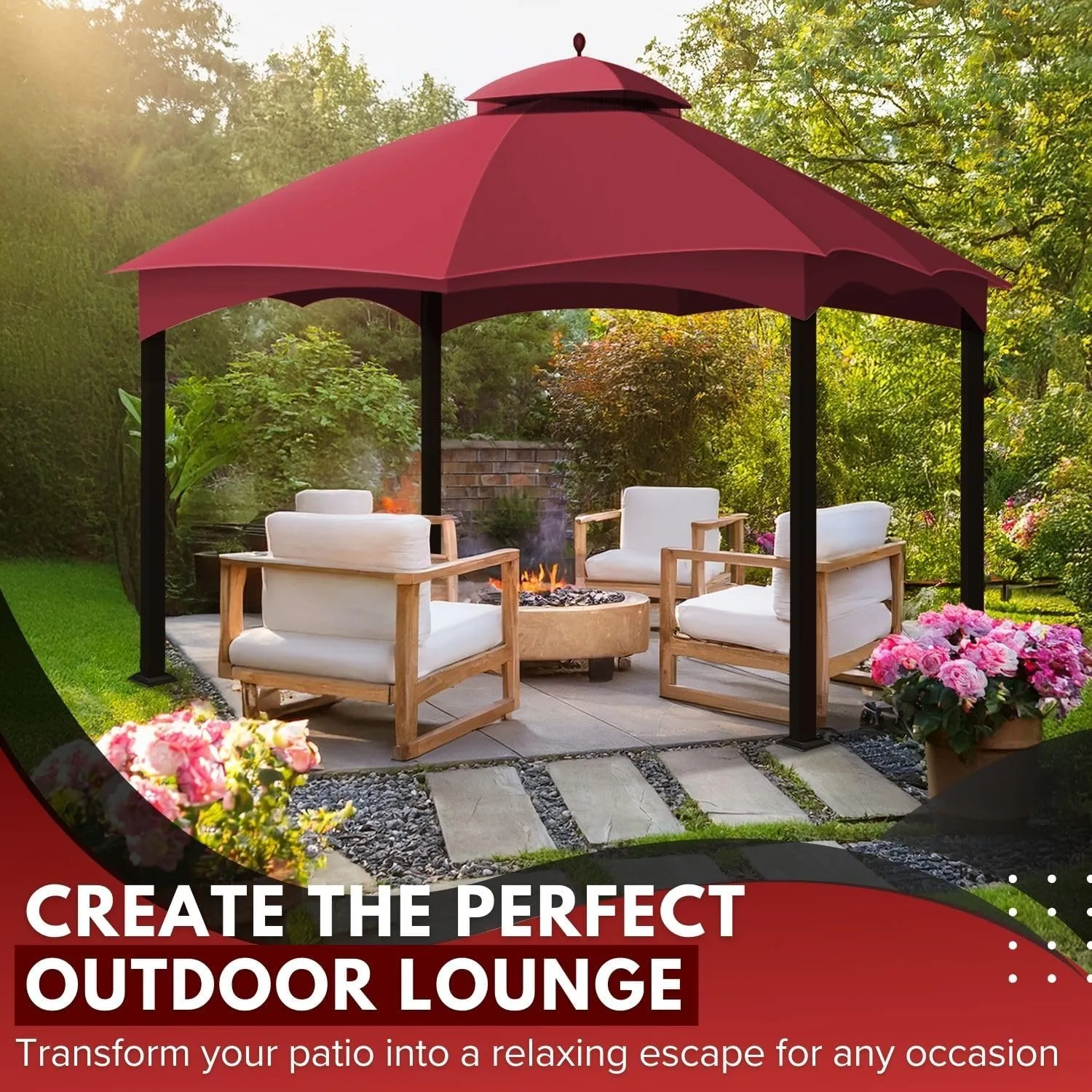 Flexzion 10x12 Gazebo Canopy Replacement Top (Red) - Fits for Lowe's Allen Roth Gazebo GF-12S004B & TPGAZ17-002 - Easy to Install Cover to Revamp Your Home Gazebo and Outdoor Space