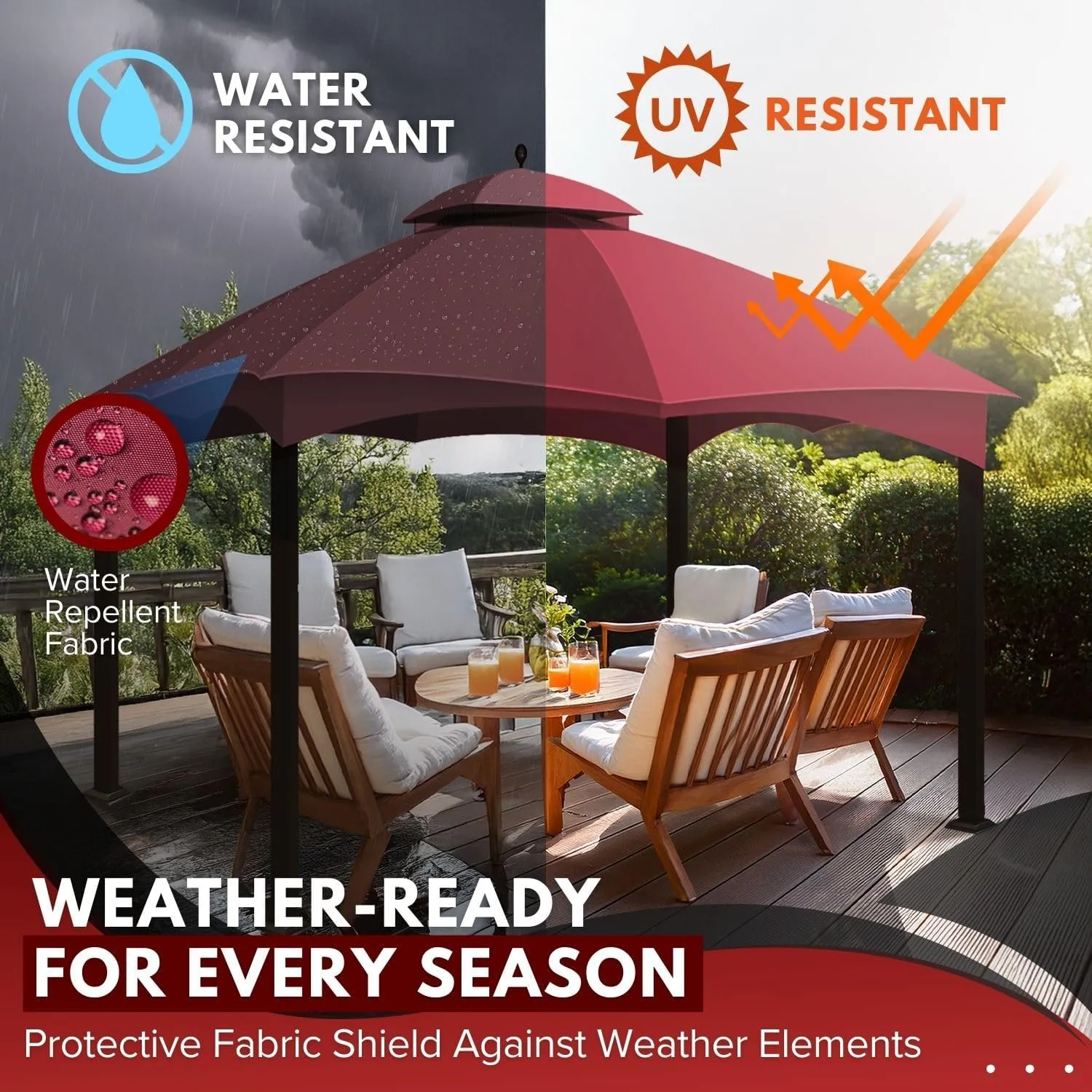 Flexzion 10x12 Gazebo Canopy Replacement Top (Red) - Fits for Lowe's Allen Roth Gazebo GF-12S004B & TPGAZ17-002 - Easy to Install Cover to Revamp Your Home Gazebo and Outdoor Space