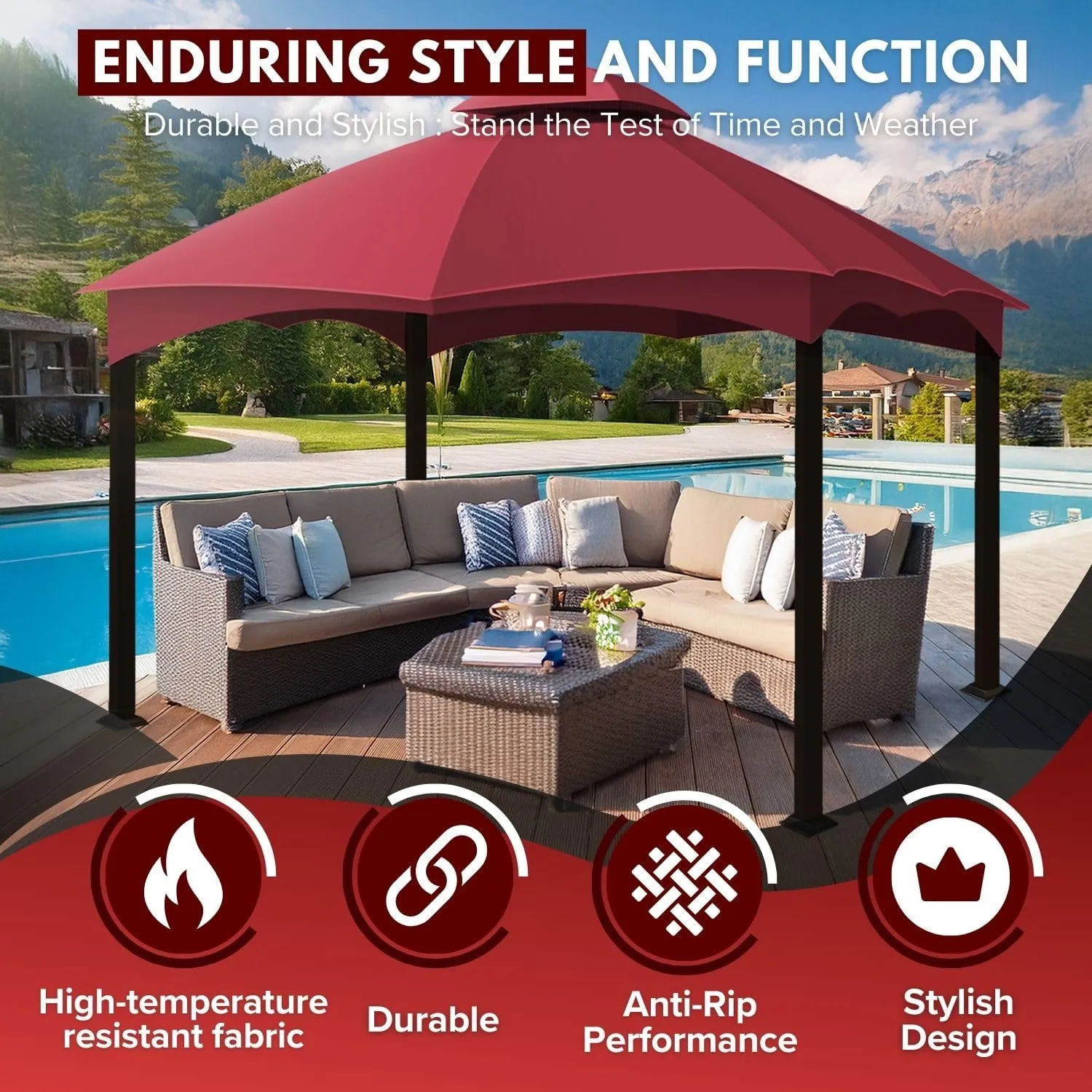 Flexzion 10x12 Gazebo Canopy Replacement Top (Red) - Fits for Lowe's Allen Roth Gazebo GF-12S004B & TPGAZ17-002 - Easy to Install Cover to Revamp Your Home Gazebo and Outdoor Space