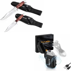 FLISSA 2-piece Bowie Knife with Sheath & Outdoors Windproof Flameless Dual Arc Lighters with Multifunction Spoon