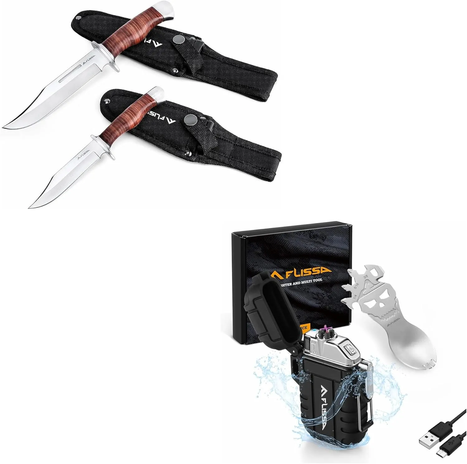 FLISSA 2-piece Bowie Knife with Sheath & Outdoors Windproof Flameless Dual Arc Lighters with Multifunction Spoon