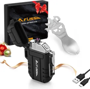 Flissa Outdoor Windproof Lighter Dual Arc Electric Lighters with Multifunction Spoon, Waterproof, USB Rechargeable, Flameless, Plasma Cool Lighters for Camping, Adventure,Survival Tactical Gear