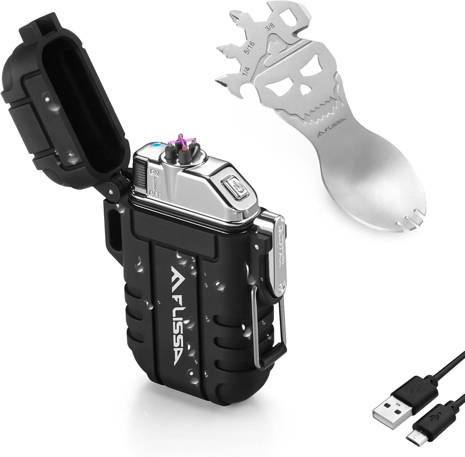 Flissa Outdoor Windproof Lighter Dual Arc Electric Lighters with Multifunction Spoon, Waterproof, USB Rechargeable, Flameless, Plasma Cool Lighters for Camping, Adventure,Survival Tactical Gear