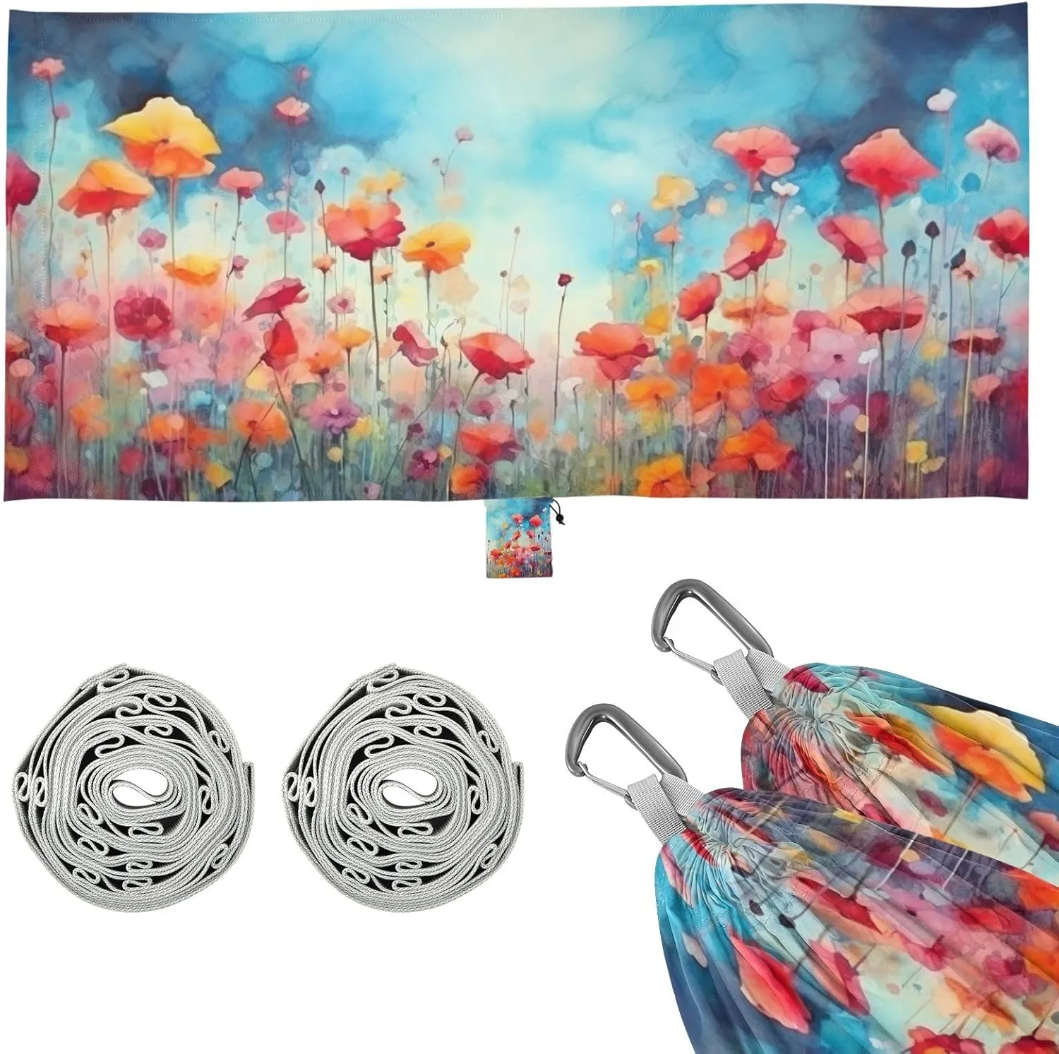 Flower Painting Camping Hammock, Single Portable Hammocks with Tree Straps & Attached Carry Bag, 330Lbs Capacity Perfect for Outside Indoor Hiking Beach Backpack Travel