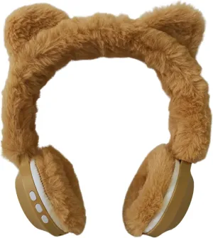 Fluffy Over-Ear Bluetooth Headphones with LED Paw Design - Comfortable Skin-Friendly Wear MSL807 for Universal Cell Phone and Bluetooth Device (Beige)