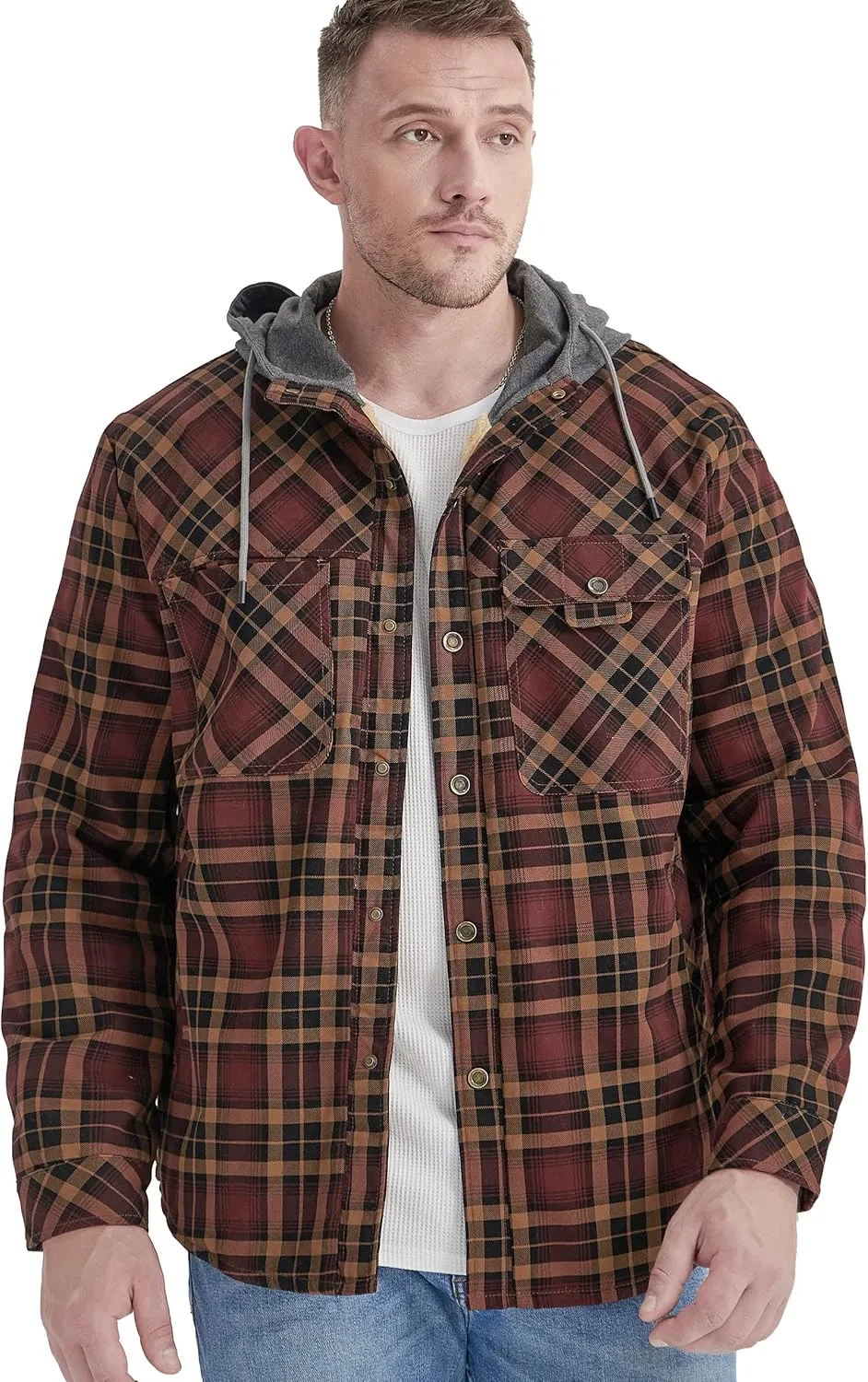 Flygo Men's Flannel Jacket Loose Plaid Sherpa Lined Flannel Shirt Snap Button Warm Winter Jackets Pockets