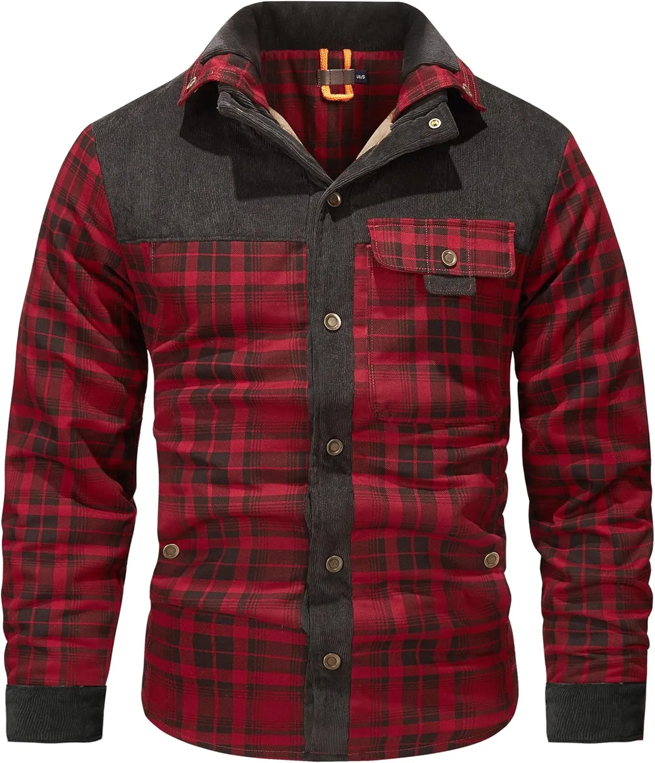 Flygo Men's Flannel Jacket Loose Plaid Sherpa Lined Flannel Shirt Snap Button Warm Winter Jackets Pockets
