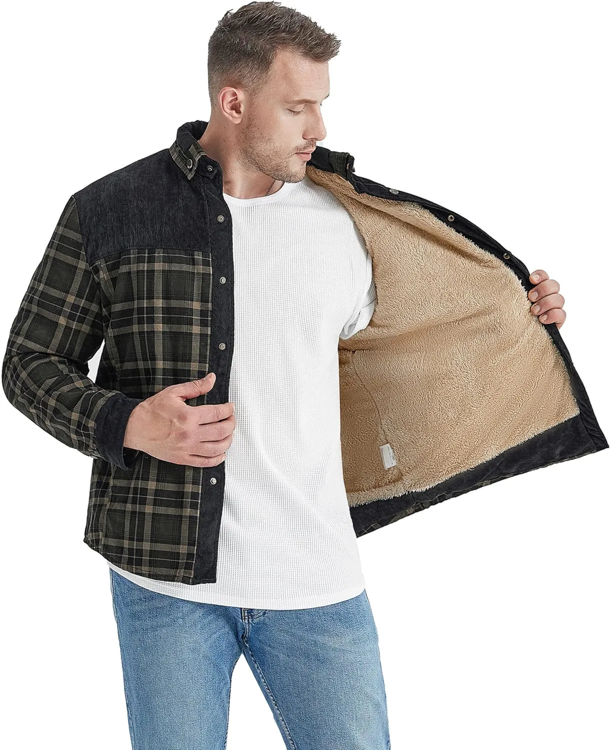 Flygo Men's Flannel Jacket Loose Plaid Sherpa Lined Flannel Shirt Snap Button Warm Winter Jackets Pockets