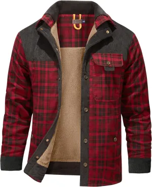 Flygo Men's Flannel Jacket Loose Plaid Sherpa Lined Flannel Shirt Snap Button Warm Winter Jackets Pockets