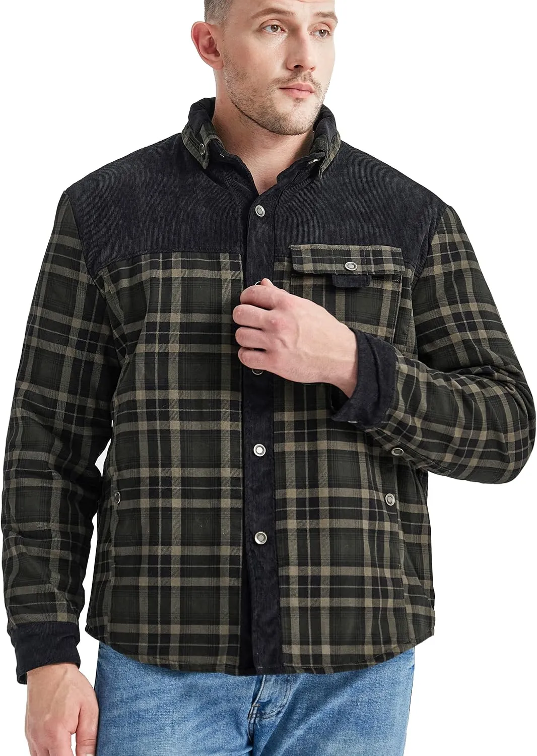 Flygo Men's Flannel Jacket Loose Plaid Sherpa Lined Flannel Shirt Snap Button Warm Winter Jackets Pockets