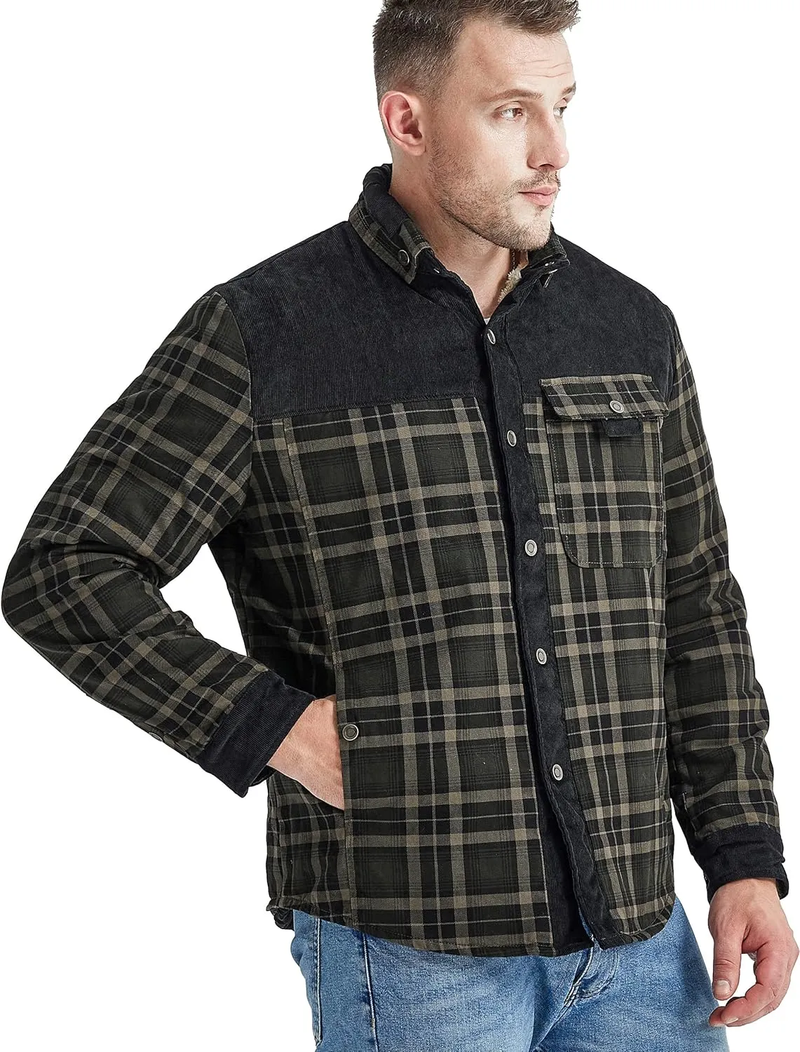 Flygo Men's Flannel Jacket Loose Plaid Sherpa Lined Flannel Shirt Snap Button Warm Winter Jackets Pockets