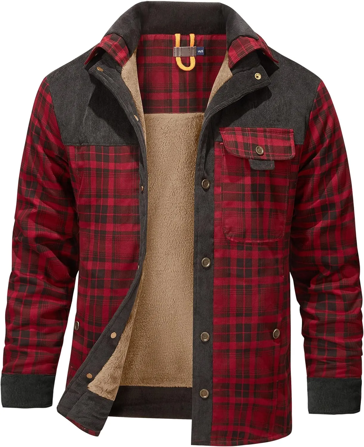 Flygo Men's Flannel Jacket Loose Plaid Sherpa Lined Flannel Shirt Snap Button Warm Winter Jackets Pockets