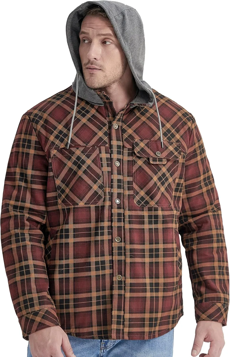 Flygo Men's Flannel Jacket Loose Plaid Sherpa Lined Flannel Shirt Snap Button Warm Winter Jackets Pockets