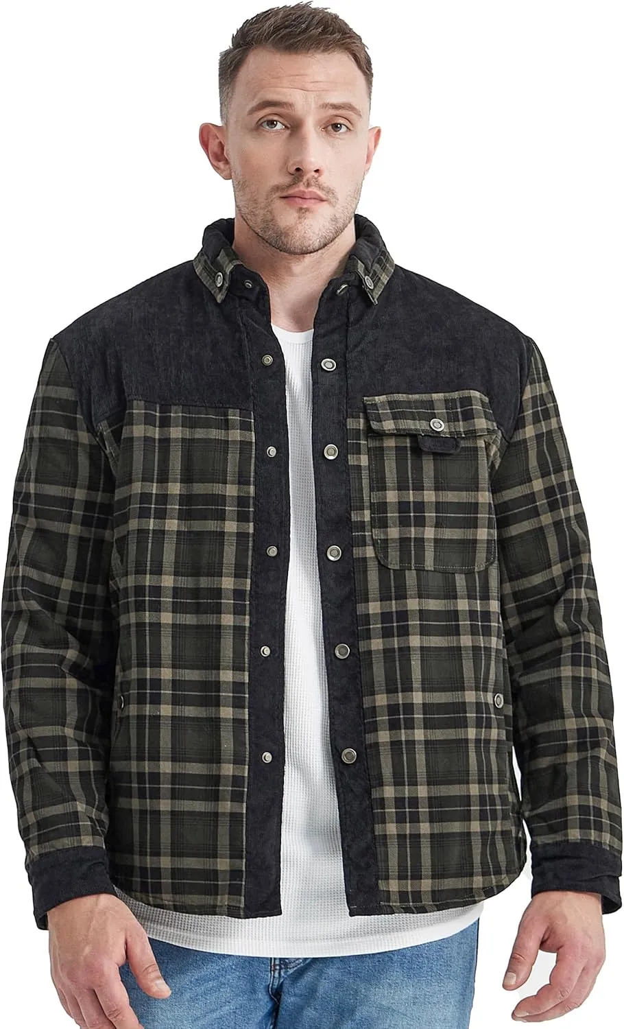 Flygo Men's Flannel Jacket Loose Plaid Sherpa Lined Flannel Shirt Snap Button Warm Winter Jackets Pockets