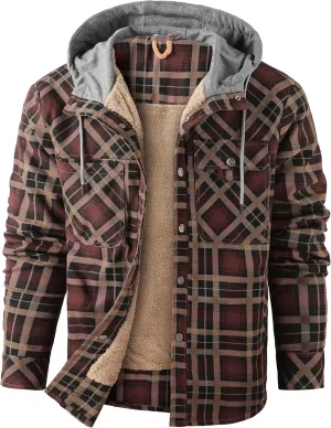 Flygo Men's Flannel Jacket Loose Plaid Sherpa Lined Flannel Shirt Snap Button Warm Winter Jackets Pockets