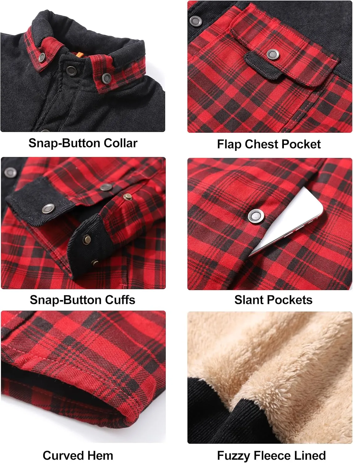 Flygo Men's Flannel Jacket Loose Plaid Sherpa Lined Flannel Shirt Snap Button Warm Winter Jackets Pockets