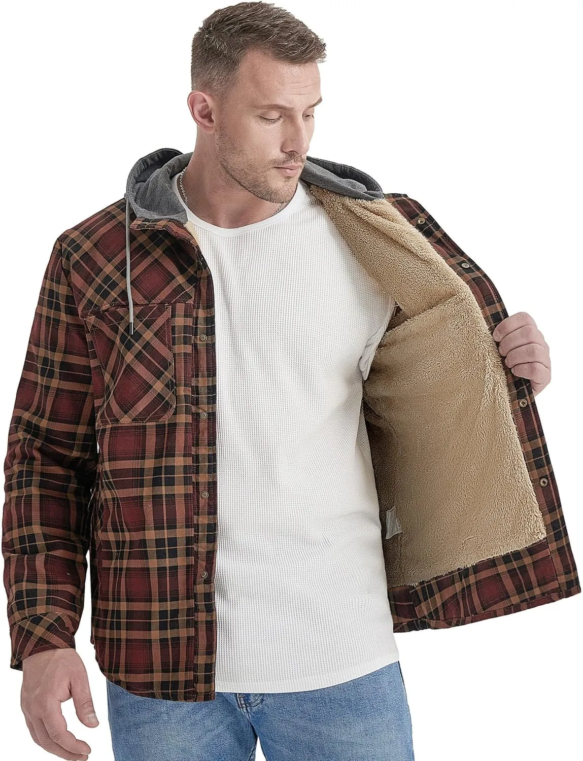 Flygo Men's Flannel Jacket Loose Plaid Sherpa Lined Flannel Shirt Snap Button Warm Winter Jackets Pockets