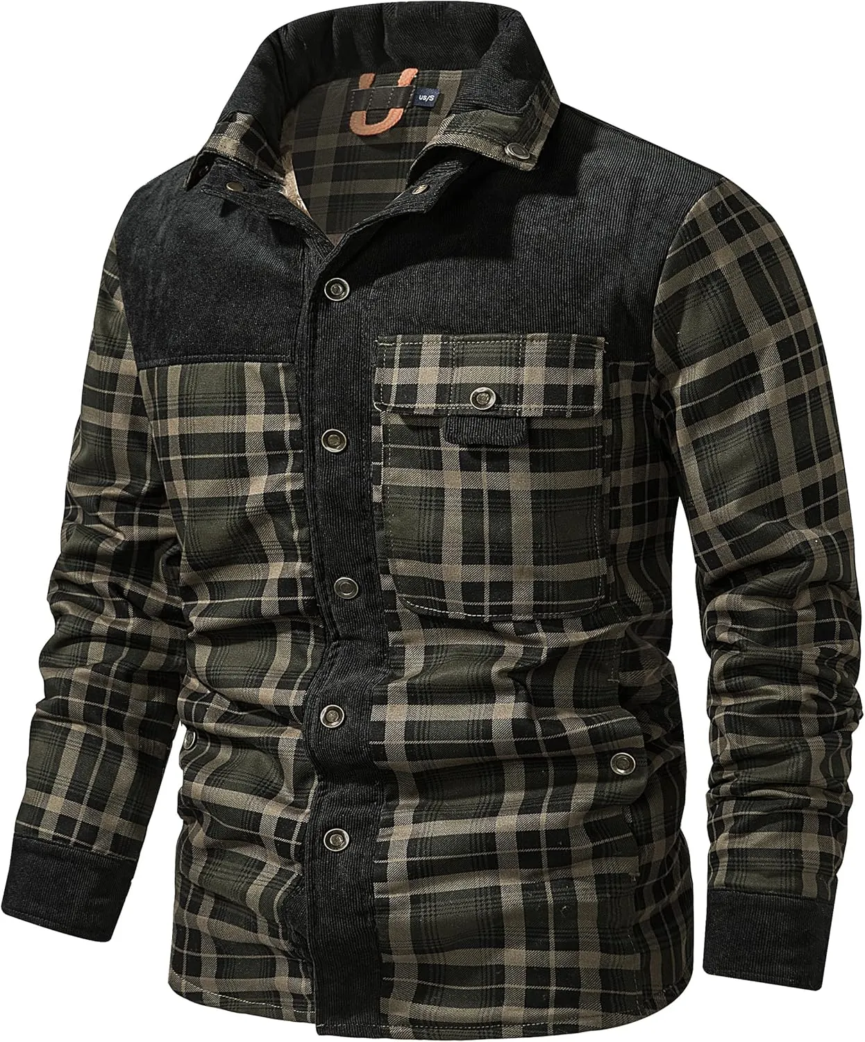 Flygo Men's Flannel Jacket Loose Plaid Sherpa Lined Flannel Shirt Snap Button Warm Winter Jackets Pockets