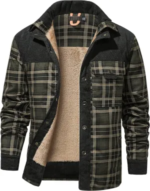 Flygo Men's Flannel Jacket Loose Plaid Sherpa Lined Flannel Shirt Snap Button Warm Winter Jackets Pockets