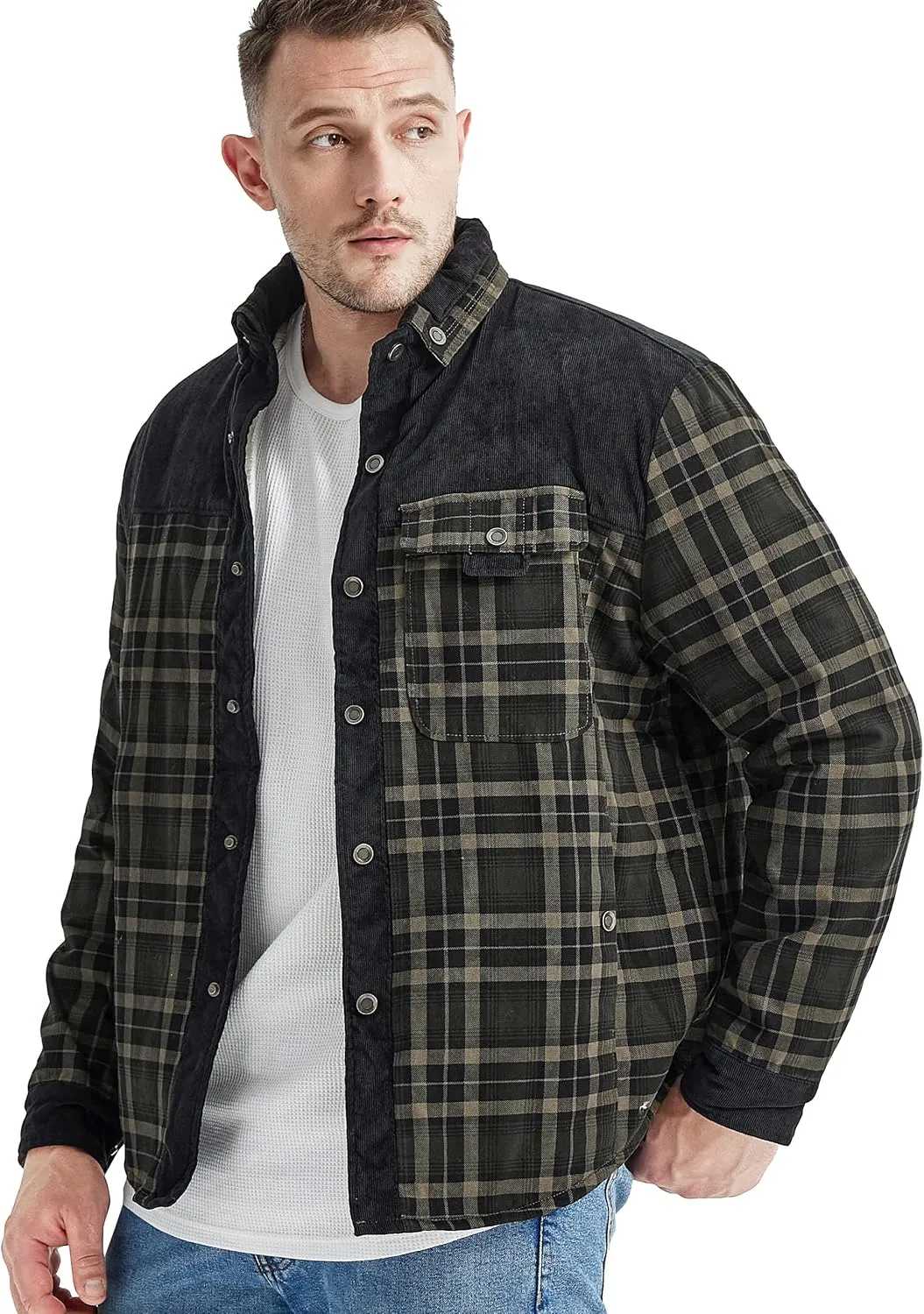 Flygo Men's Flannel Jacket Loose Plaid Sherpa Lined Flannel Shirt Snap Button Warm Winter Jackets Pockets