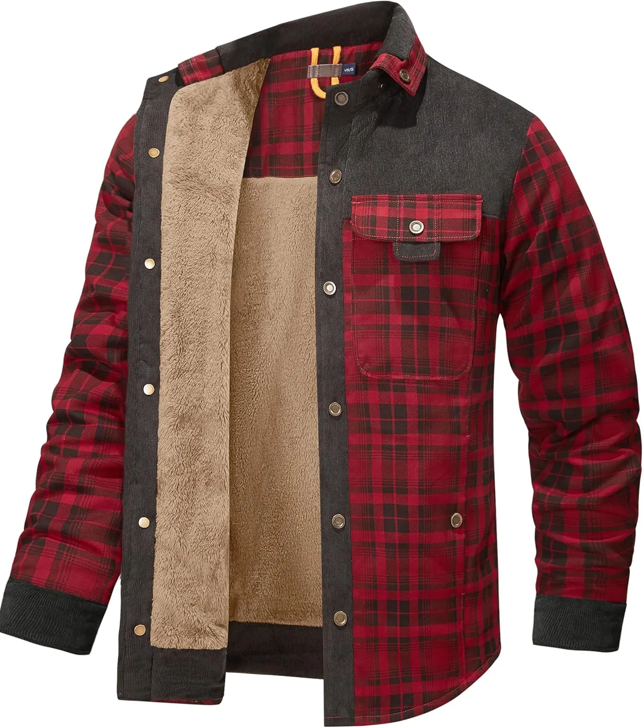 Flygo Men's Flannel Jacket Loose Plaid Sherpa Lined Flannel Shirt Snap Button Warm Winter Jackets Pockets