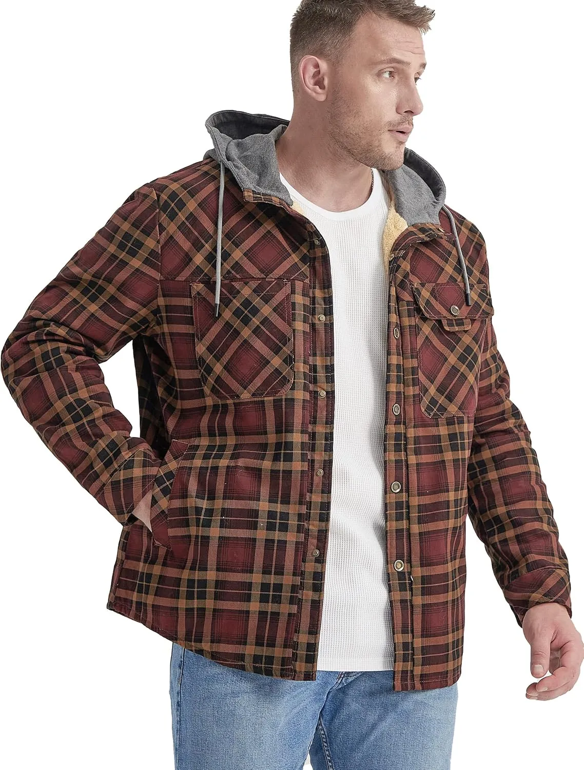 Flygo Men's Flannel Jacket Loose Plaid Sherpa Lined Flannel Shirt Snap Button Warm Winter Jackets Pockets