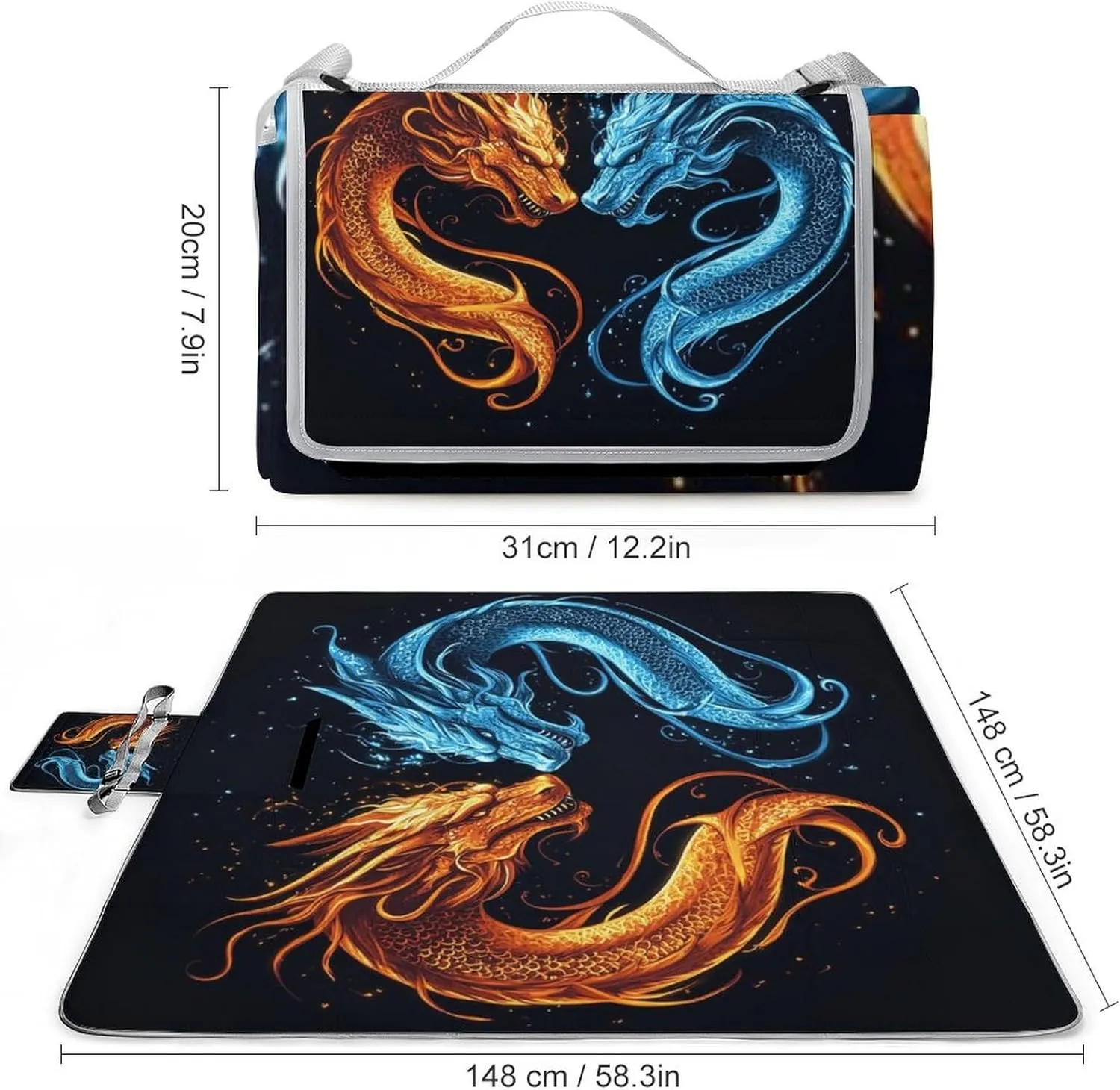 Foldable Red Blue Ice Fire Flame Dragon Picnic Mat for Women and Men, Portable Waterproof Beach Blanket for Outdoor Camping Park Travel Accessories