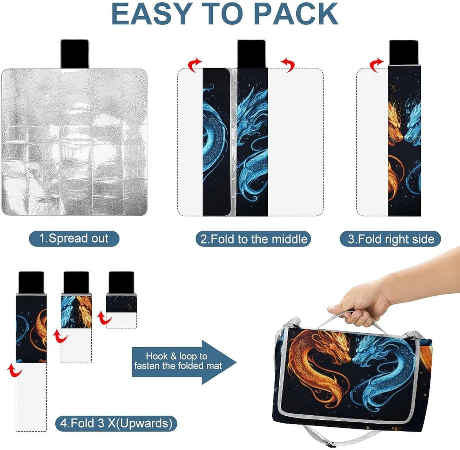 Foldable Red Blue Ice Fire Flame Dragon Picnic Mat for Women and Men, Portable Waterproof Beach Blanket for Outdoor Camping Park Travel Accessories