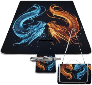 Foldable Red Blue Ice Fire Flame Dragon Picnic Mat for Women and Men, Portable Waterproof Beach Blanket for Outdoor Camping Park Travel Accessories