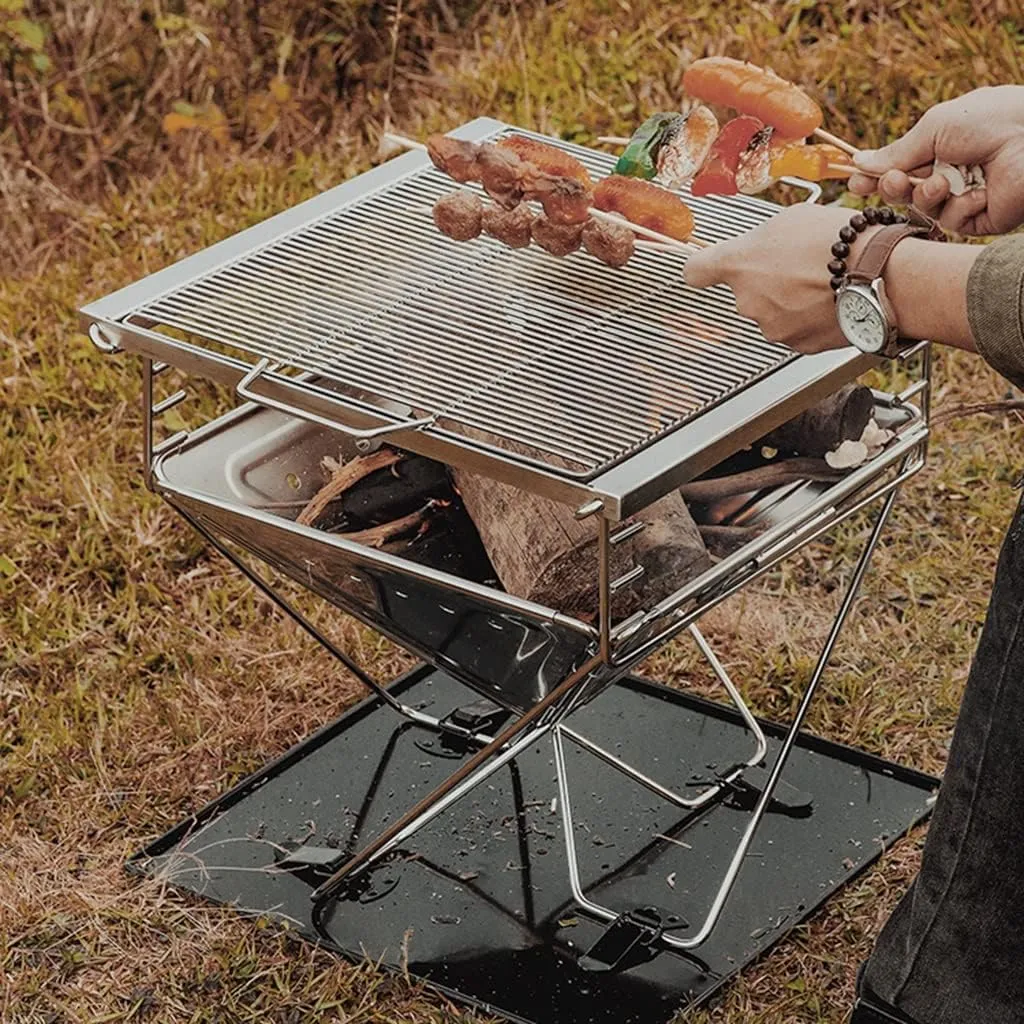 Folding Campfire Grill, Outdoor Wood Burning Fire Pit with Cooking Grill, Stainless Steel Portable Camping Grill for Backyard Hiking Backpacking BBQ Charcoal (Silver 40 * 40 * 35cm)