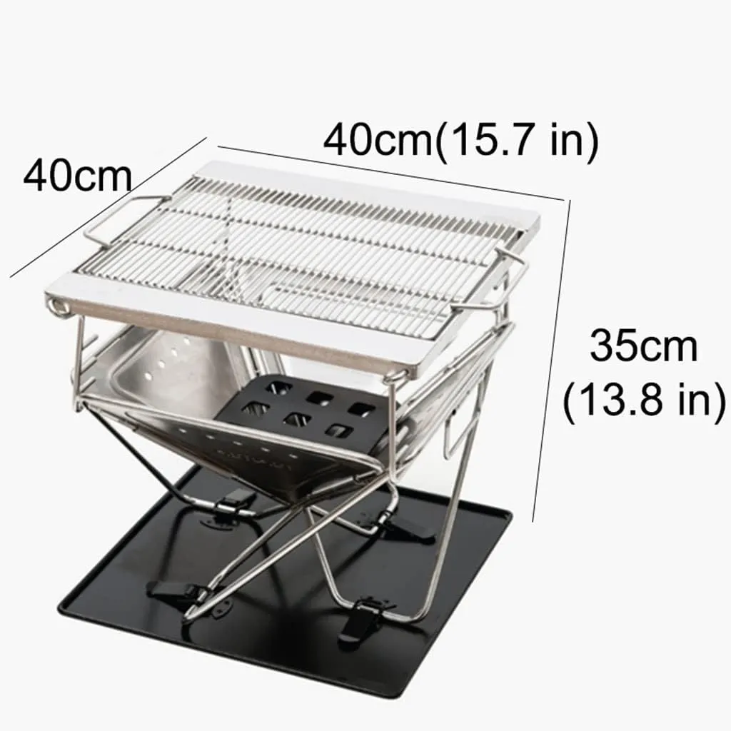 Folding Campfire Grill, Outdoor Wood Burning Fire Pit with Cooking Grill, Stainless Steel Portable Camping Grill for Backyard Hiking Backpacking BBQ Charcoal (Silver 40 * 40 * 35cm)