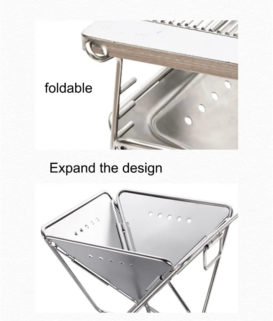 Folding Campfire Grill, Outdoor Wood Burning Fire Pit with Cooking Grill, Stainless Steel Portable Camping Grill for Backyard Hiking Backpacking BBQ Charcoal (Silver 40 * 40 * 35cm)