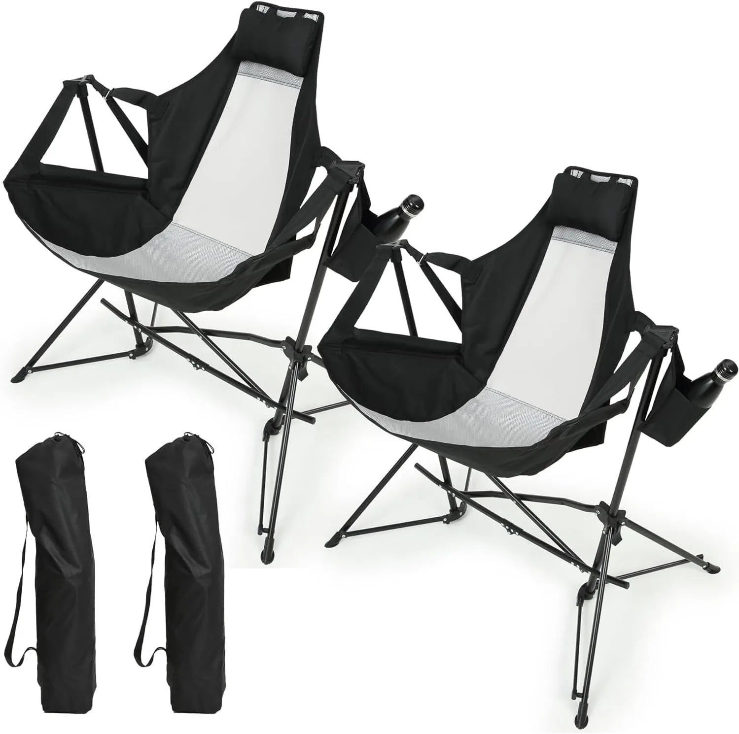 Folding Portable Rocking Hammock Chair with Adjustable Back and Cup Holder, Black, Set of 2