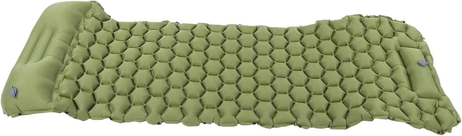 Foot Press Inflatable Camping Sleeping Pad Mat, Portable Cushion Mattress for Tent, Hiking, Travel, Tear Resistant Nylon Fabric, Comfortable with 2 Way Valve R Value: 1.3[Green]