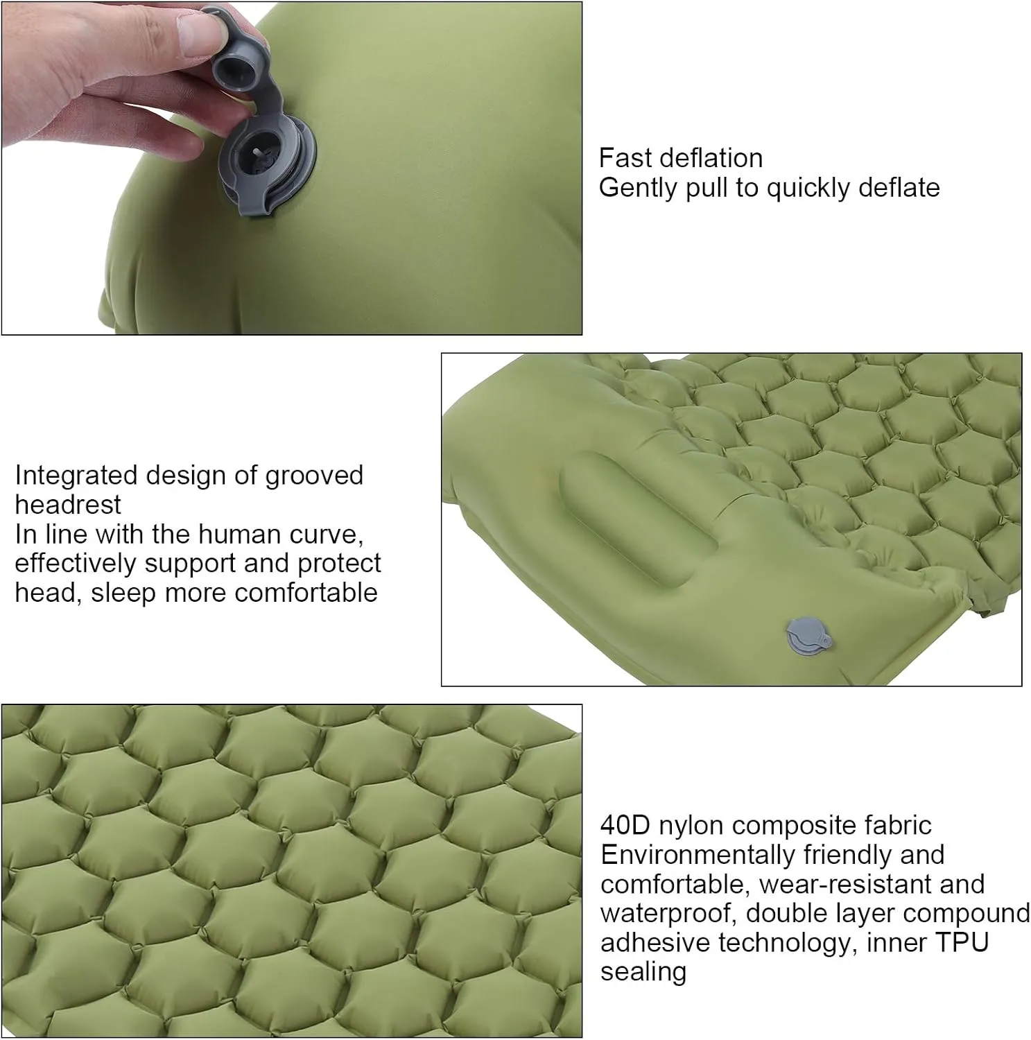 Foot Press Inflatable Camping Sleeping Pad Mat, Portable Cushion Mattress for Tent, Hiking, Travel, Tear Resistant Nylon Fabric, Comfortable with 2 Way Valve R Value: 1.3[Green]