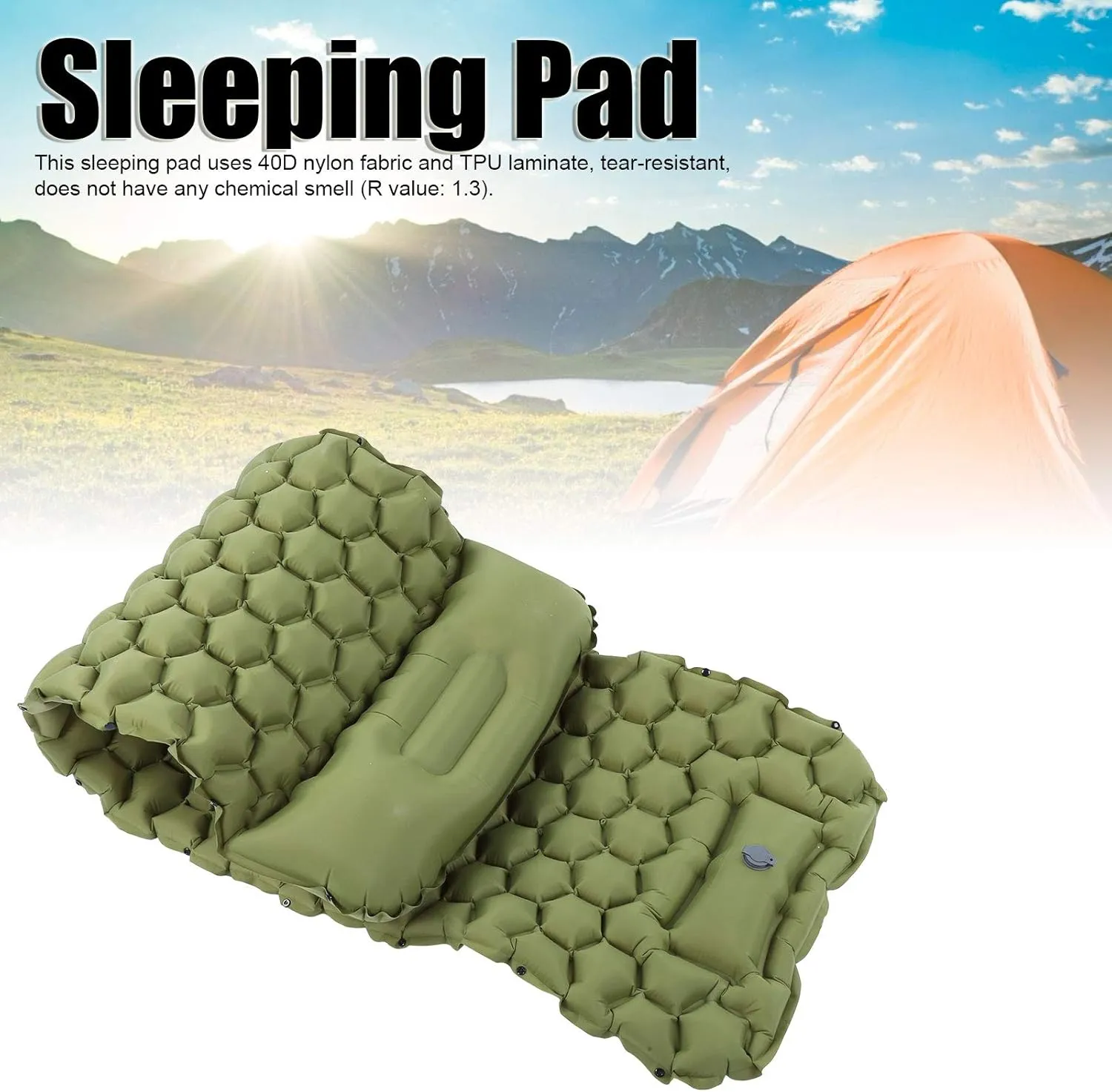 Foot Press Inflatable Camping Sleeping Pad Mat, Portable Cushion Mattress for Tent, Hiking, Travel, Tear Resistant Nylon Fabric, Comfortable with 2 Way Valve R Value: 1.3[Green]