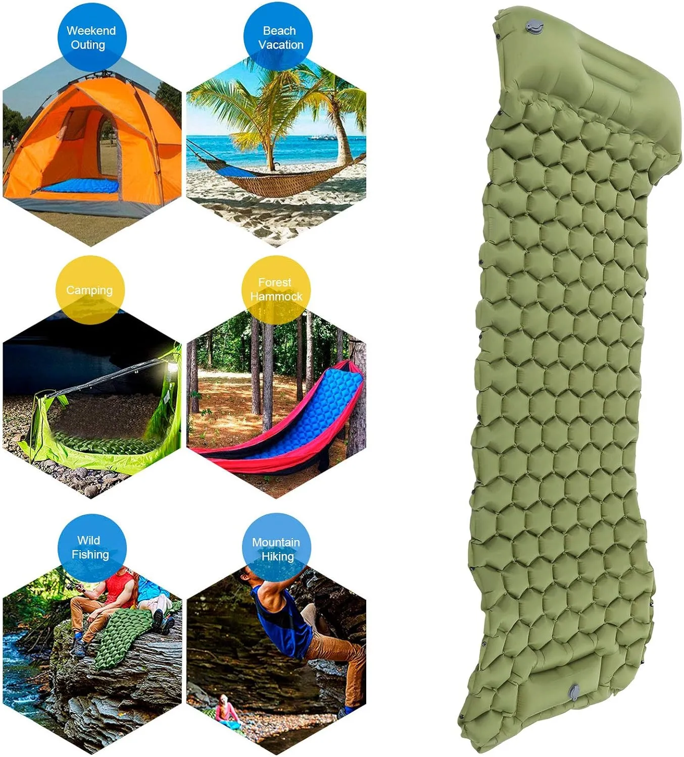 Foot Press Inflatable Camping Sleeping Pad Mat, Portable Cushion Mattress for Tent, Hiking, Travel, Tear Resistant Nylon Fabric, Comfortable with 2 Way Valve R Value: 1.3[Green]