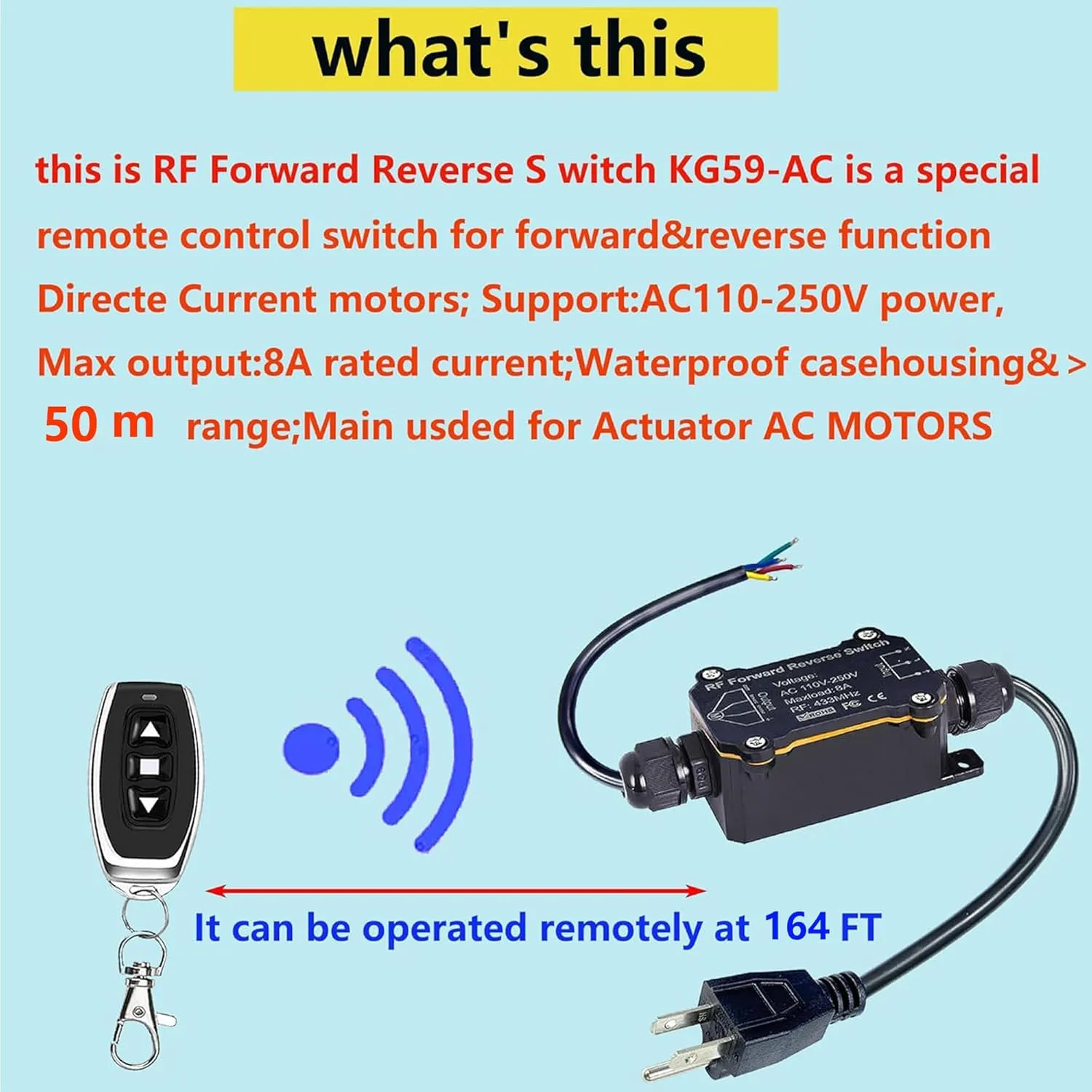Forward Reverse Remote Control Switch,AC110V-250V Linear Actuator 12V Waterproof Remote Switch,8A Relay Receiver Controller with Control Range up to 165 Feet for Roller Shutter/Crane